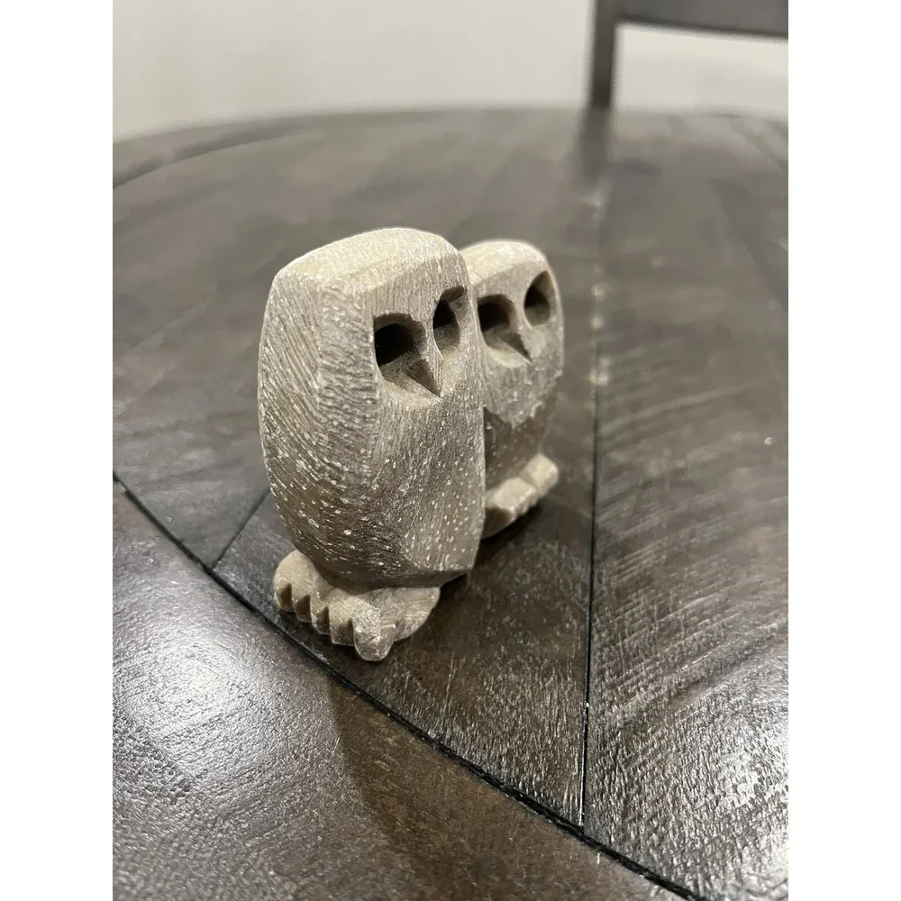 Vintage MCM‎ Russian Stone Owl Pair Carving Figurine Handcrafted Soapstone 3